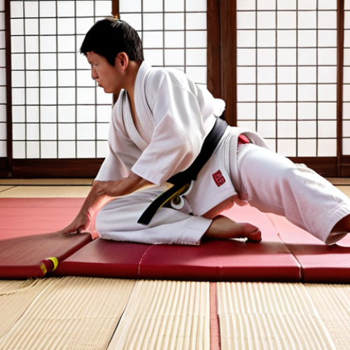 Home 24 A judoka executing a clean, safe fall onto a high-density, vinyl-coated tatami. The dojo is illuminated by bright, homogeneous LED lighting (4000K-5000K), highlighting the excellent shock absorption and surface friction of the tatami, with clear, unhindered training space.