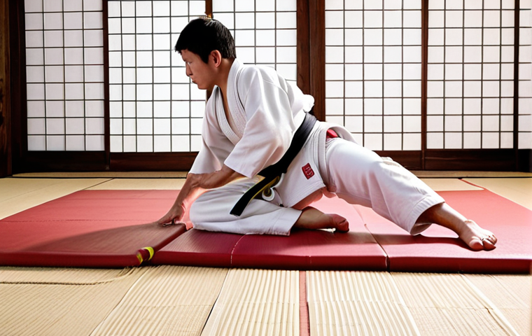 A judoka executing a clean, safe fall onto a high-density, vinyl-coated tatami. The dojo is illuminated by bright, homogeneous LED lighting (4000K-5000K), highlighting the excellent shock absorption and surface friction of the tatami, with clear, unhindered training space.
