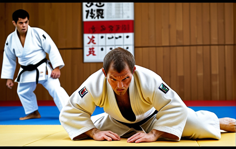 **

A Judo match scene, focusing on the mental aspect of the sport. One Judoka is intensely observing their opponent, analyzing their posture and movements. Emphasize the 'reading' of the opponent's body language.
**