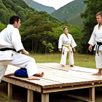 ** Judo athletes practicing techniques under the guidance of experienced instructors in a scenic, nature-filled camp setting.

**