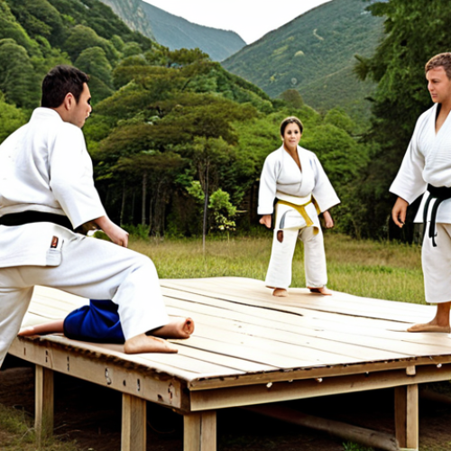 Home 10 ** Judo athletes practicing techniques under the guidance of experienced instructors in a scenic, nature-filled camp setting.
**