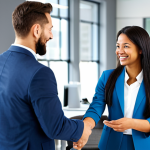 A diverse group of professional individuals, fully clothed in modest business attire, engaging in a dynamic modern office setting. A new employee is warmly welcomed by a mentor, with other colleagues collaborating in the background. The scene emphasizes cultural integration, teamwork, and a positive employee experience. Elements include sleek modern office furniture, collaborative workspaces, and ample natural lighting. The overall atmosphere is welcoming and professional. safe for work, appropriate content, fully clothed, professional dress, perfect anatomy, correct proportions, natural pose, well-formed hands, proper finger count, natural body proportions, high-quality corporate photography, sharp focus.