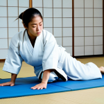 A focused young woman, dressed in a pristine white judogi, practicing a fundamental Ukemi (falling technique) on a clean, light blue tatami mat in a traditional Japanese dojo. The scene captures a moment of disciplined learning and concentration. The dojo is well-lit with natural light, showing a respectful and calm atmosphere. The subject is fully clothed, modest clothing, appropriate attire, professional dress. This image is safe for work, appropriate content, professional photography, perfect anatomy, correct proportions, natural pose, well-formed hands, proper finger count, natural body proportions, high quality.